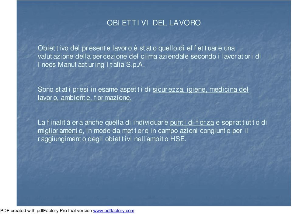 Sono stati presi in esame aspetti di sicurezza, igiene, medicina del lavoro, ambiente, formazione.