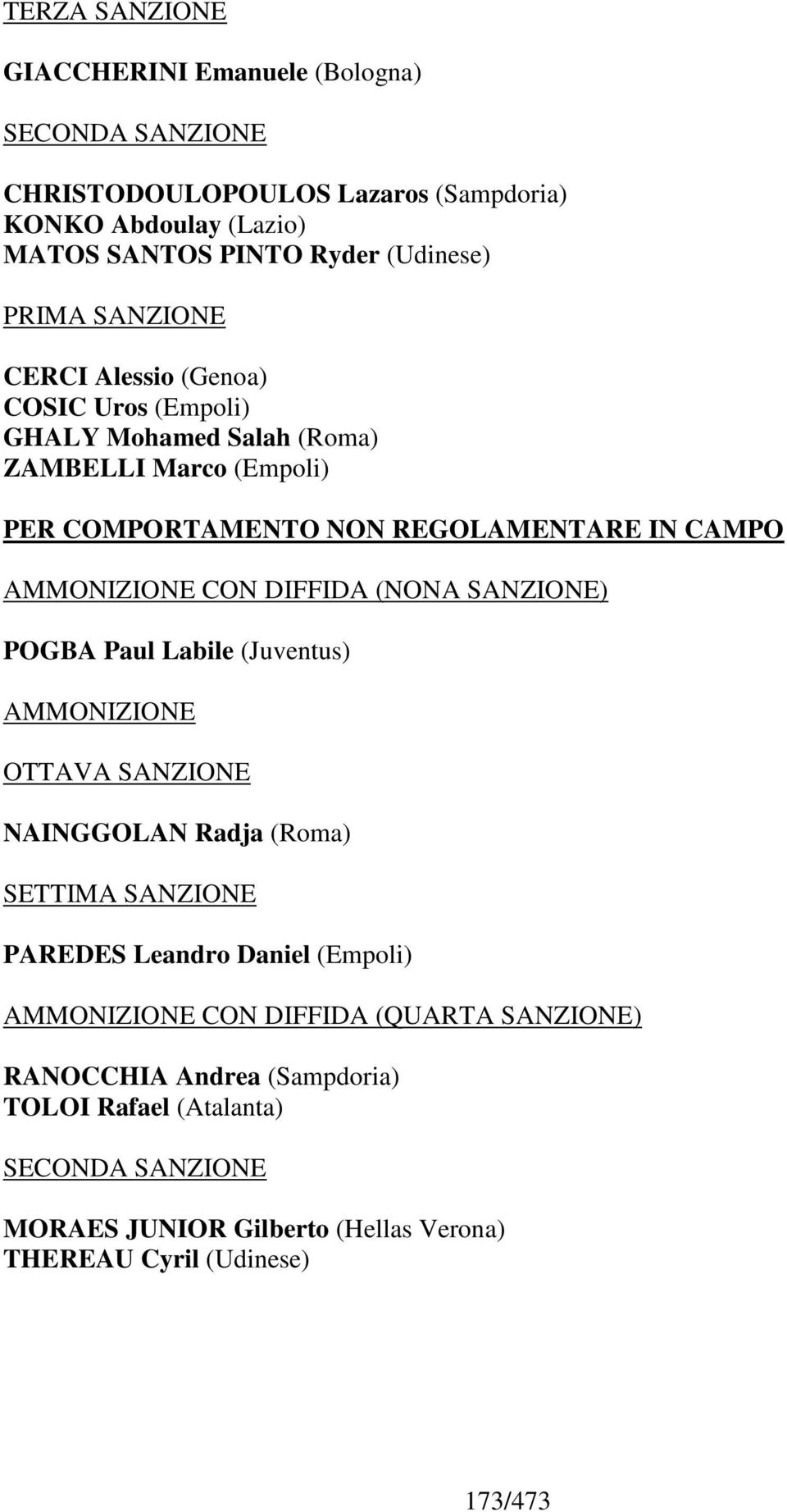 DIFFIDA (NONA SANZIONE) POGBA Paul Labile (Juventus) AMMONIZIONE OTTAVA SANZIONE NAINGGOLAN Radja (Roma) SETTIMA SANZIONE PAREDES Leandro Daniel (Empoli) AMMONIZIONE