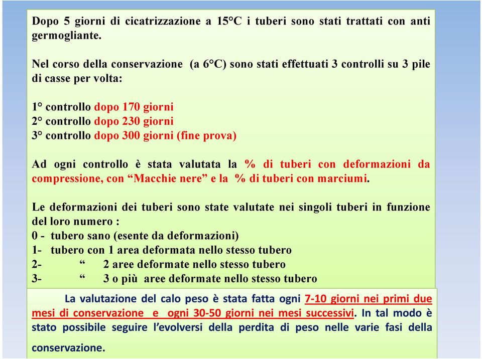 Ad ogni controllo è stata valutata la % di tuberi con deformazioni da compressione, con Macchie nere e la % di tuberi con marciumi.