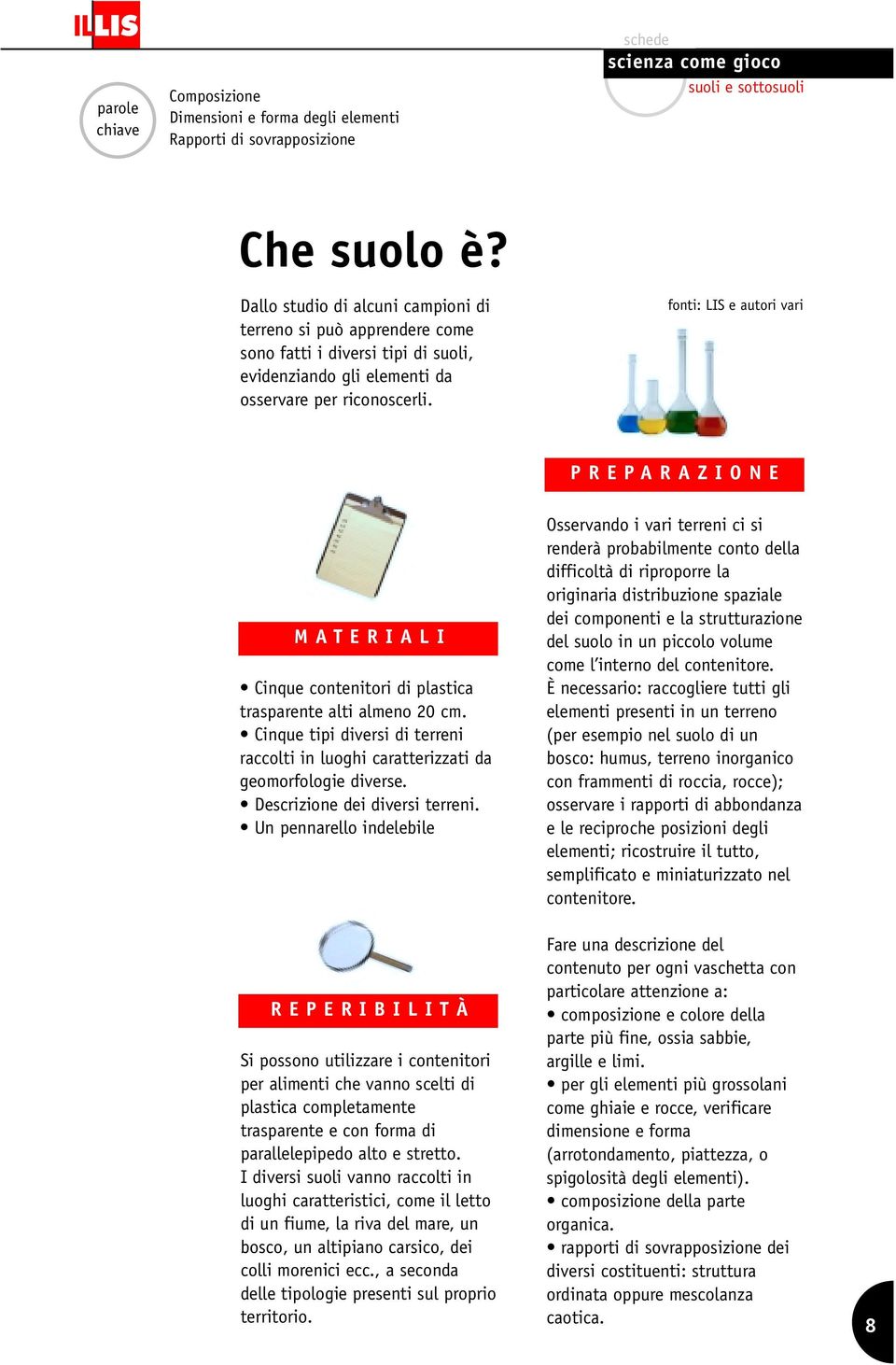 fonti: LIS e autori vari PREPARAZIONE MATERIALI Cinque contenitori di plastica trasparente alti almeno 20 cm. Cinque tipi diversi di terreni raccolti in luoghi caratterizzati da geomorfologie diverse.