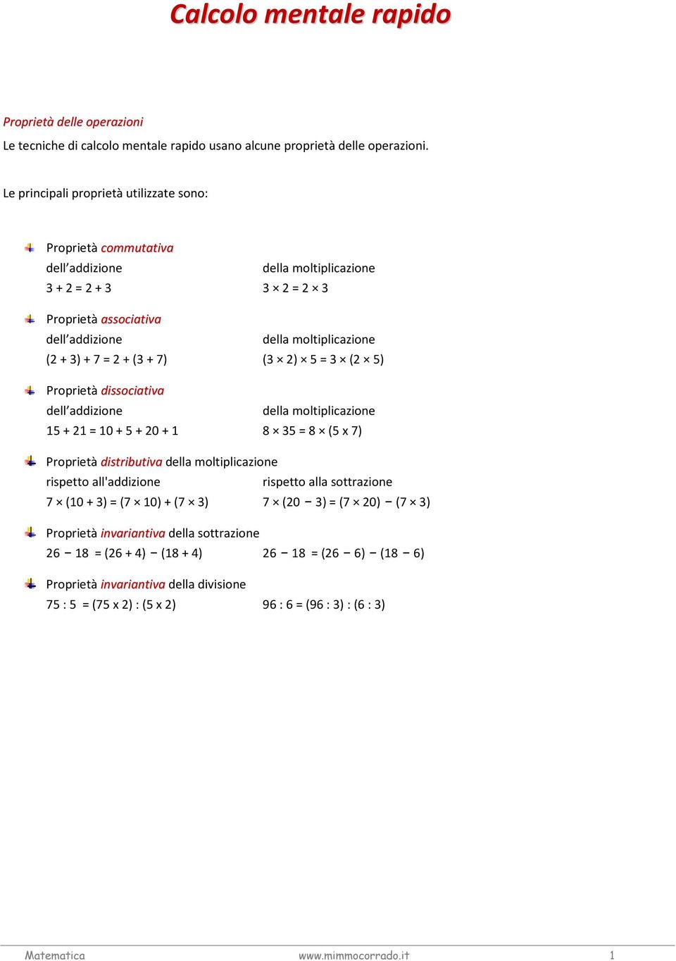 + (3 + 7) (3 2) 5 = 3 (2 5) Proprietà dissociativa dell addizione della moltiplicazione 15 + 21 = 10 + 5 + 20 + 1 8 35 = 8 (5 x 7) Proprietà distributiva della moltiplicazione rispetto all'addizione