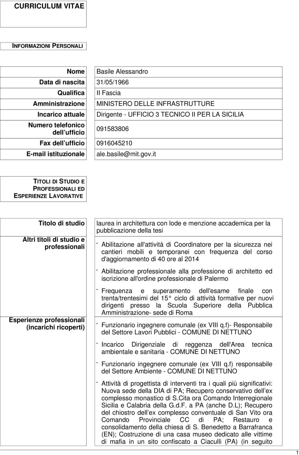 it TITOLI DI STUDIO E PROFESSIONALI ED ESPERIENZE LAVORATIVE Titolo di studio Altri titoli di studio e professionali Esperienze professionali (incarichi ricoperti) laurea in architettura con lode e