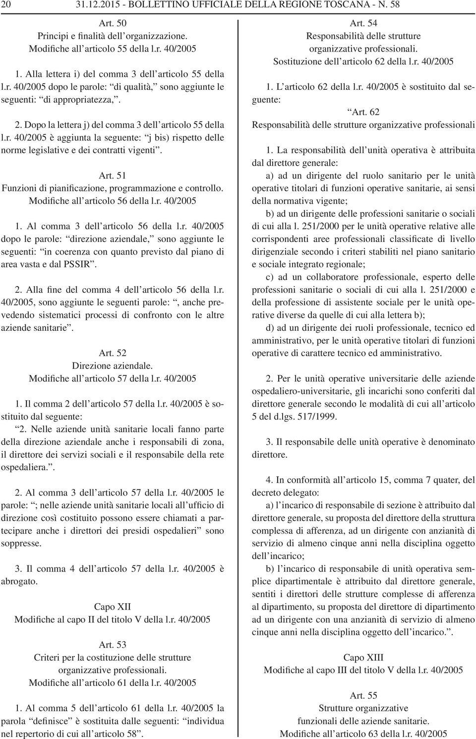 Art. 51 Funzioni di pianificazione, programmazione e controllo. Modifiche all articolo 56 della l.r. 40/2005 1. Al comma 3 dell articolo 56 della l.r. 40/2005 dopo le parole: direzione aziendale, sono aggiunte le seguenti: in coerenza con quanto previsto dal piano di area vasta e dal PSSIR.