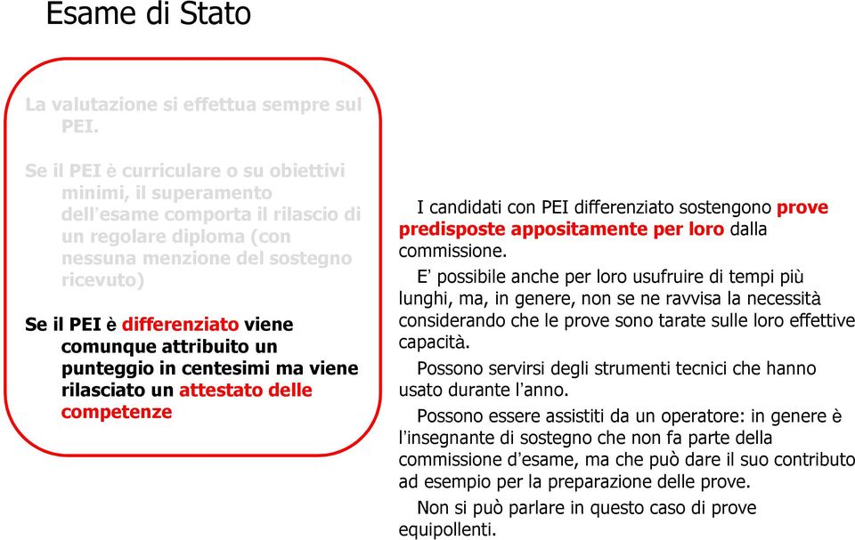 comunque attribuito un punteggio in centesimi ma viene rilasciato un attestato delle competenze I candidati con PEI differenziato sostengono prove predisposte appositamente per loro dalla commissione.