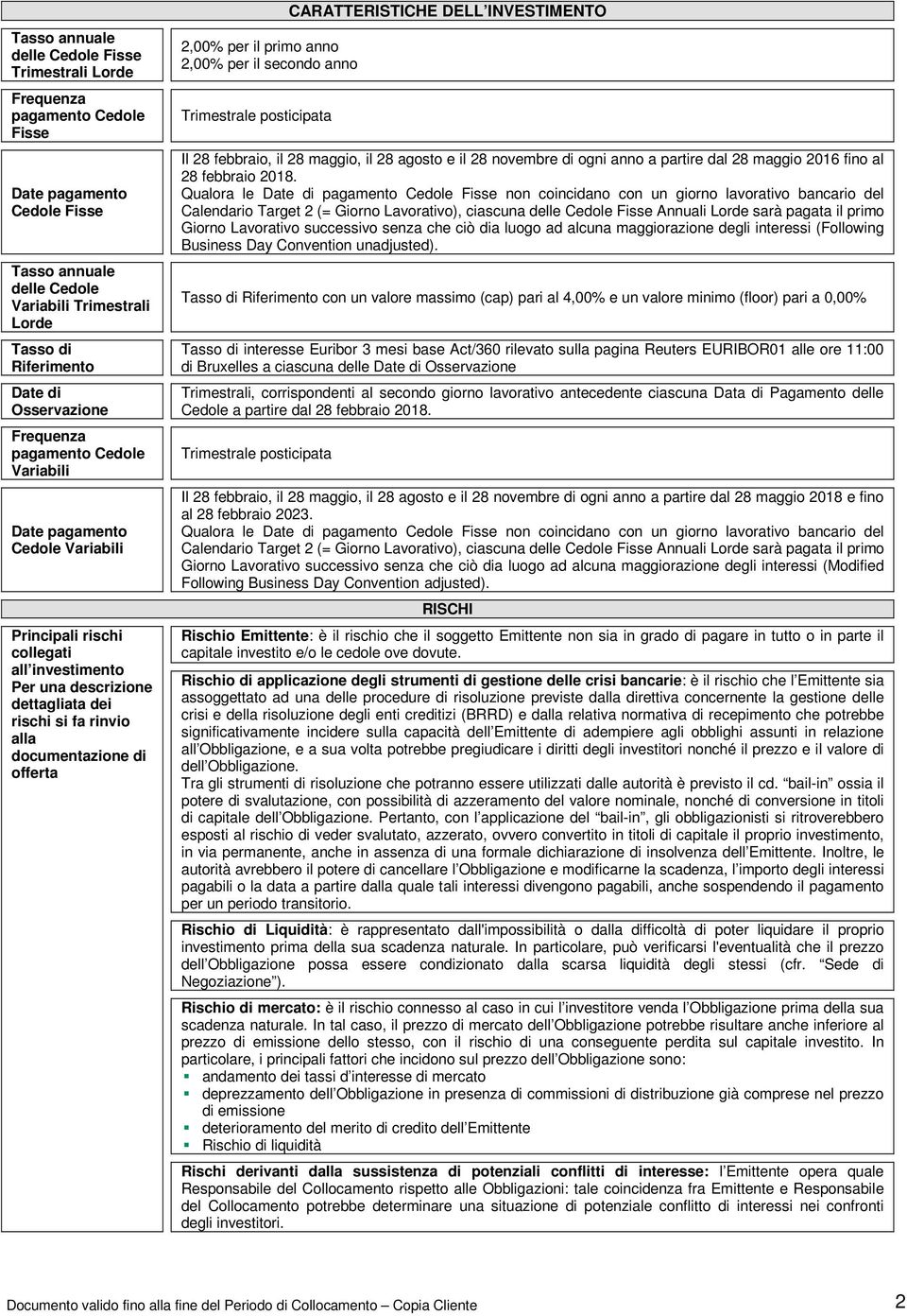documentazione di offerta 2,00% per il primo anno 2,00% per il secondo anno Trimestrale posticipata CARATTERISTICHE DELL INVESTIMENTO Il 28 febbraio, il 28 maggio, il 28 agosto e il 28 novembre di