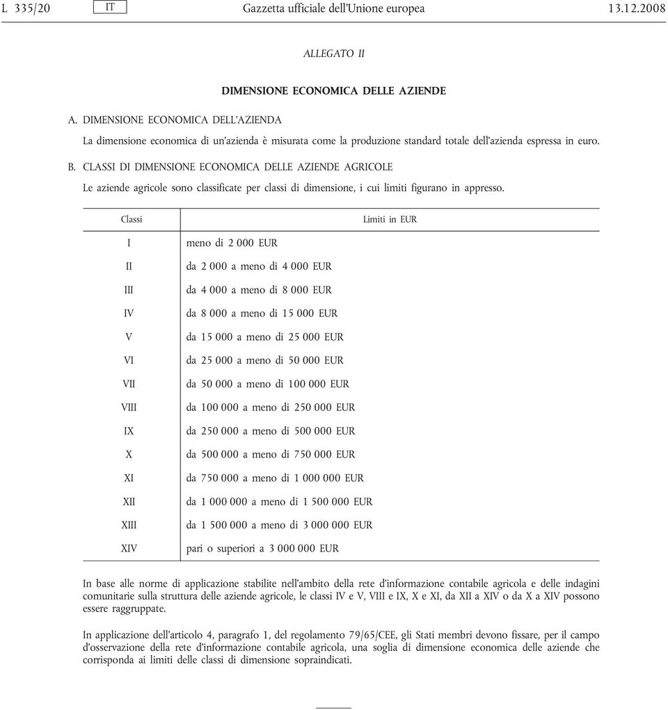 CLASSI DI DIMENSIONE ECONOMICA DELLE AZIENDE AGRICOLE Le aziende agricole sono classificate per classi di dimensione, i cui limiti figurano in appresso.