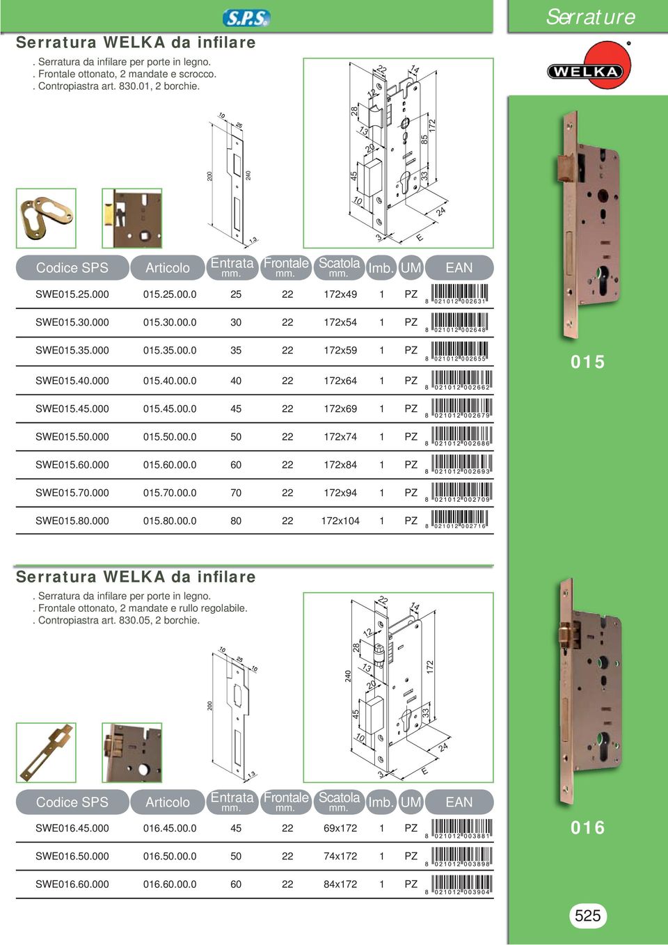 50.000 015.50.00.0 50 2x74 1 PZ SW015.60.000 015.60.00.0 60 2x84 1 PZ SW015.70.000 015.70.00.0 70 2x94 1 PZ SW015.80.000 015.80.00.0 80 2x4 1 PZ 8 0 2 1 0 1 2 0 0 2 7 1 6 Serratura WLK da infilare.