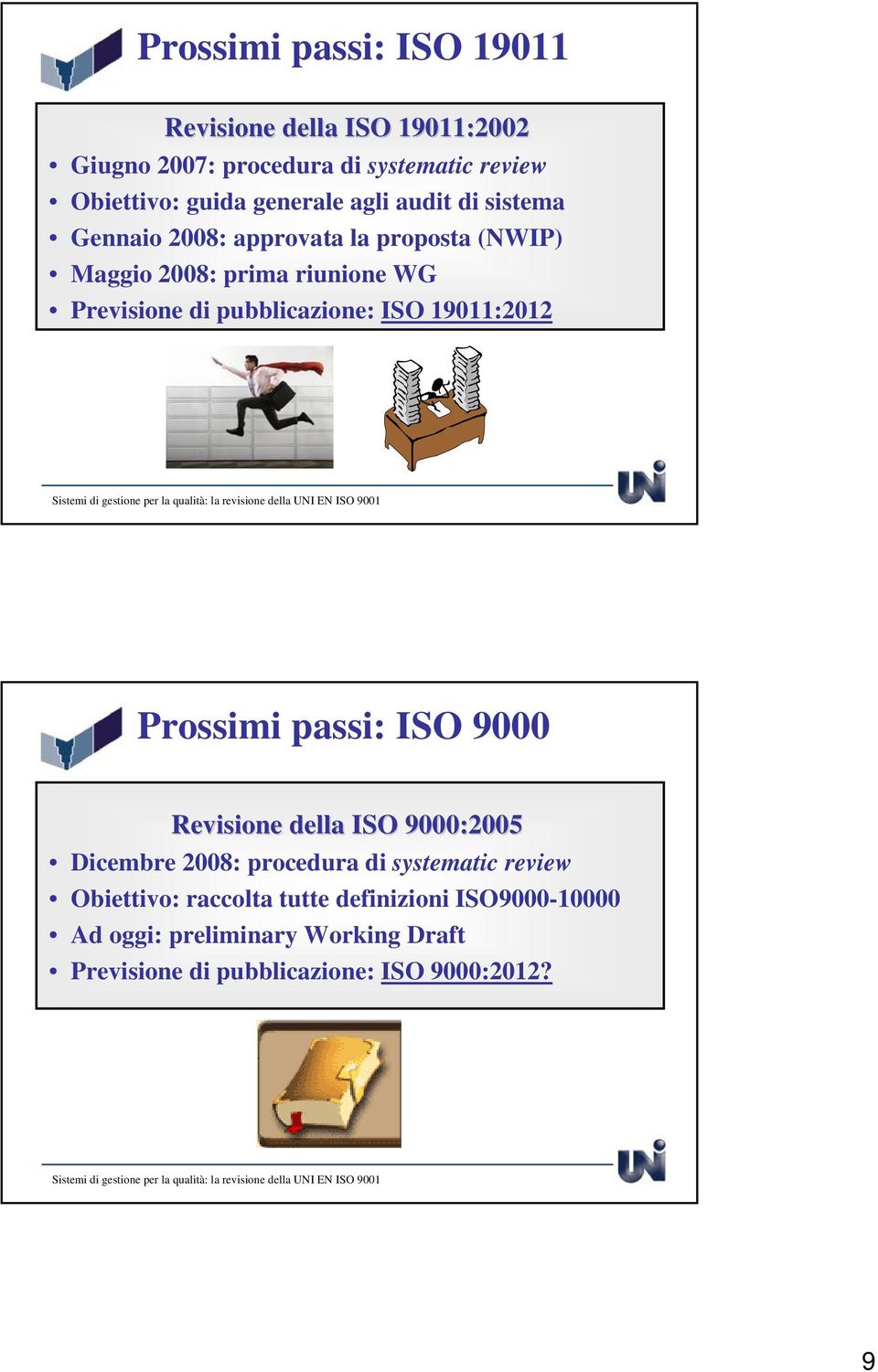 pubblicazione: ISO 19011:2012 Prossimi passi: ISO 9000 Revisione della ISO 9000:2005 Dicembre 2008: procedura di systematic