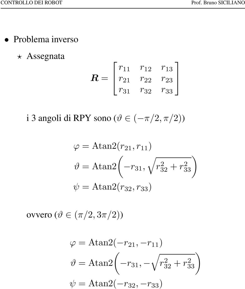 Atan2 r 31, r32 2 + r2 33 ψ = Atan2(r 32, r 33 ) ovvero (ϑ (π/2, 3π/2)) ϕ