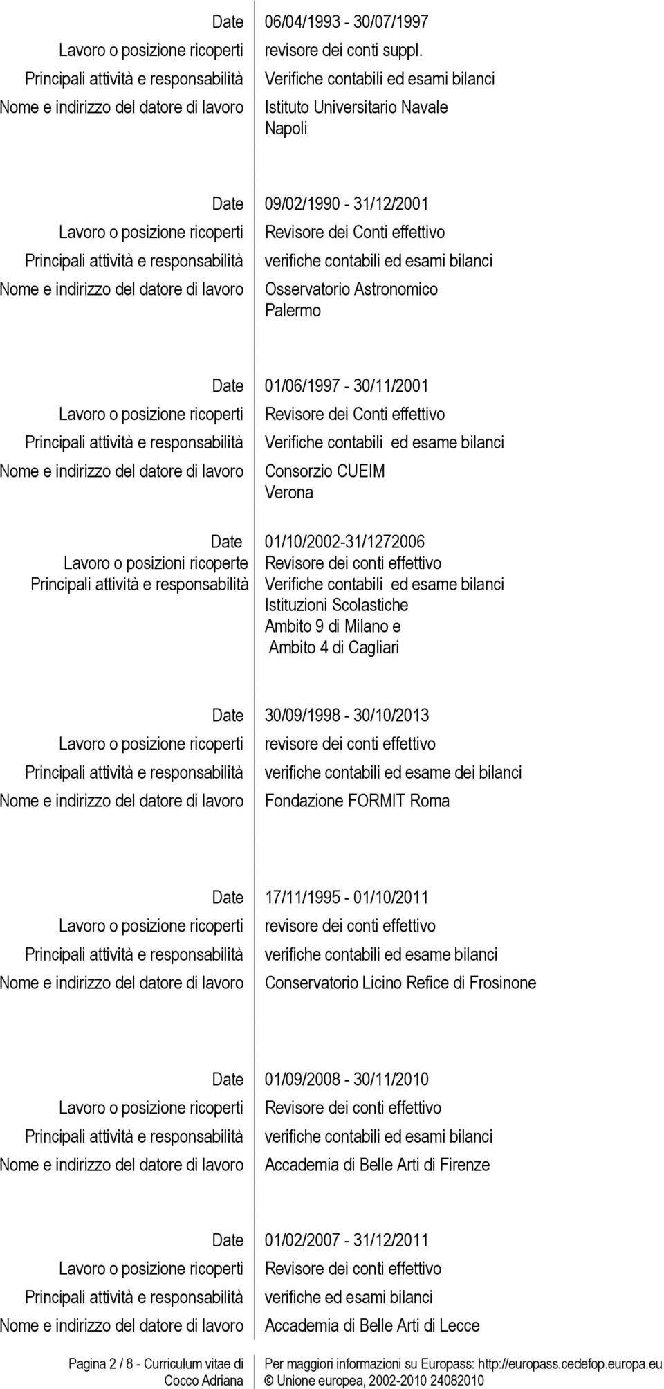 Revisore dei Conti effettivo verifiche contabili ed esami bilanci Osservatorio Astronomico Palermo Lavoro o posizione ricoperti Principali attività e responsabilità Nome e indirizzo del datore di