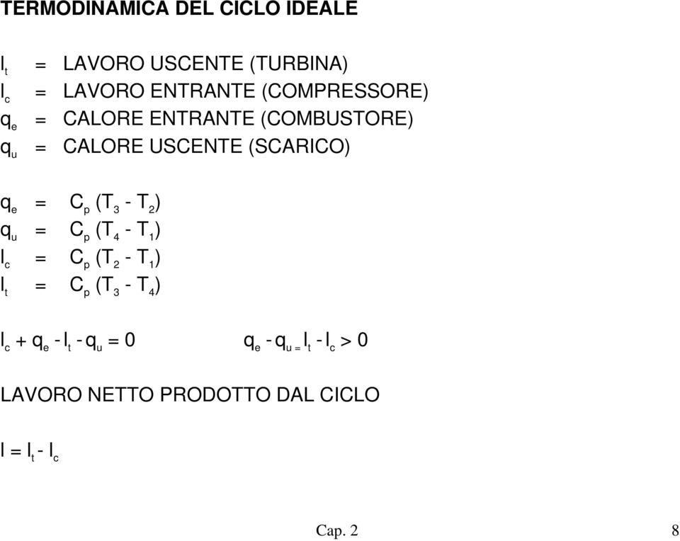 (SCARICO) q e (T 3 - T 2 ) q u (T 4 - T 1 ) l c (T 2 - T 1 ) l t (T 3 - T 4 ) l c