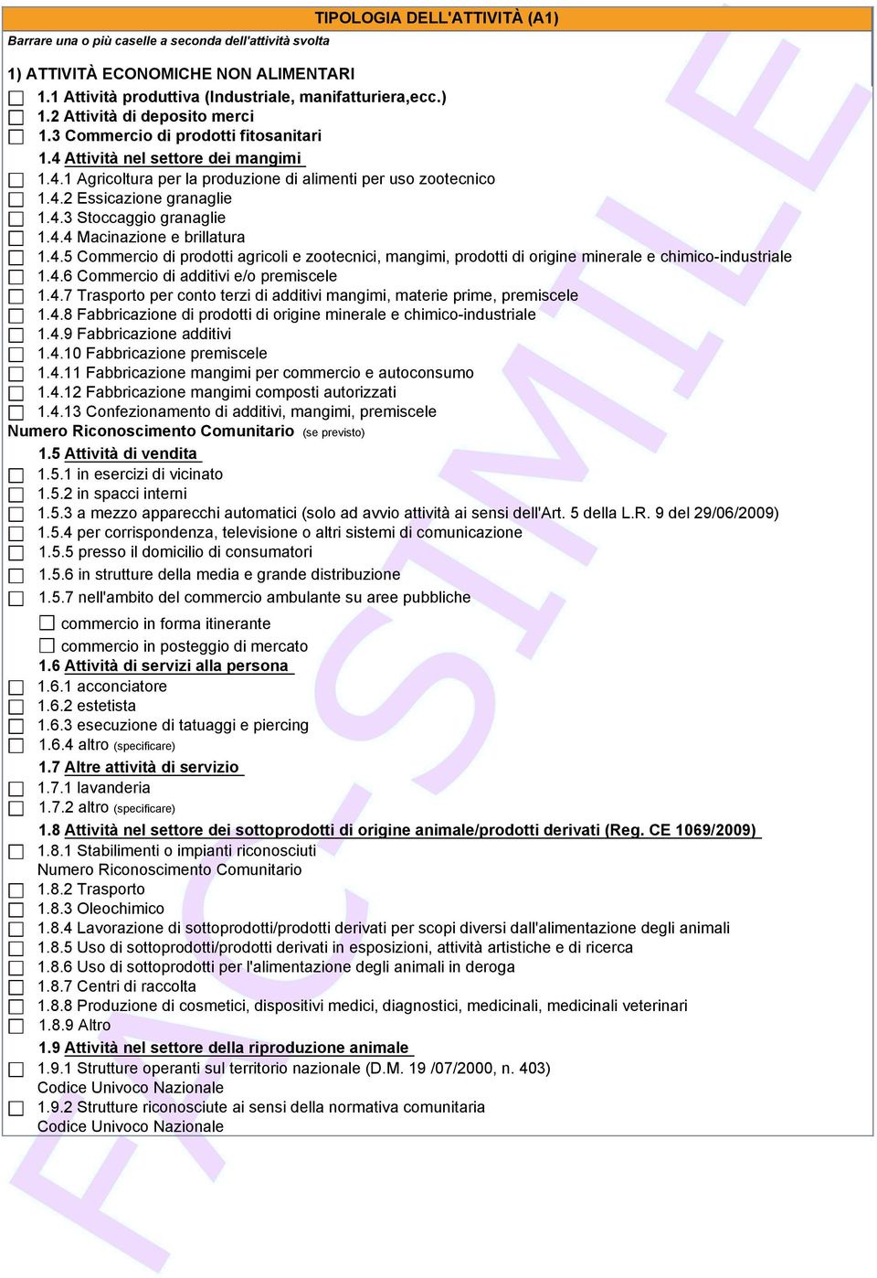 4.5 Commercio di prodotti agricoli e zootecnici, mangimi, prodotti di origine minerale e chimico-industriale 1.4.6 Commercio di additivi e/o premiscele 1.4.7 Trasporto per conto terzi di additivi mangimi, materie prime, premiscele 1.