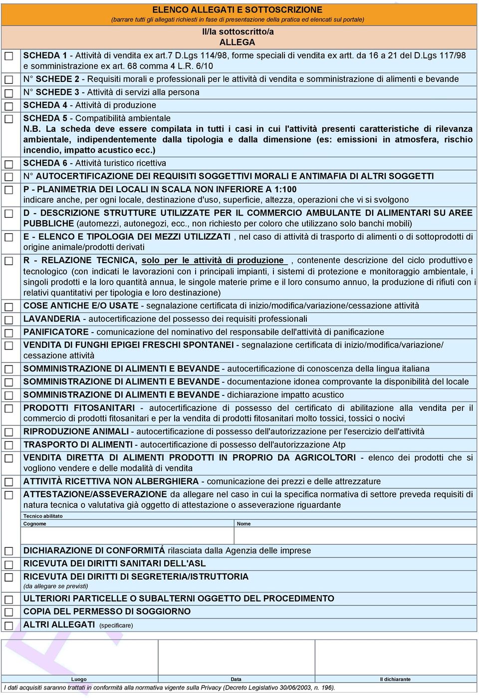 6/10 N SCHEDE 2 - Requisiti morali e professionali per le attività di vendita e somministrazione di alimenti e bevande N SCHEDE 3 - Attività di servizi alla persona SCHEDA 4 - Attività di produzione