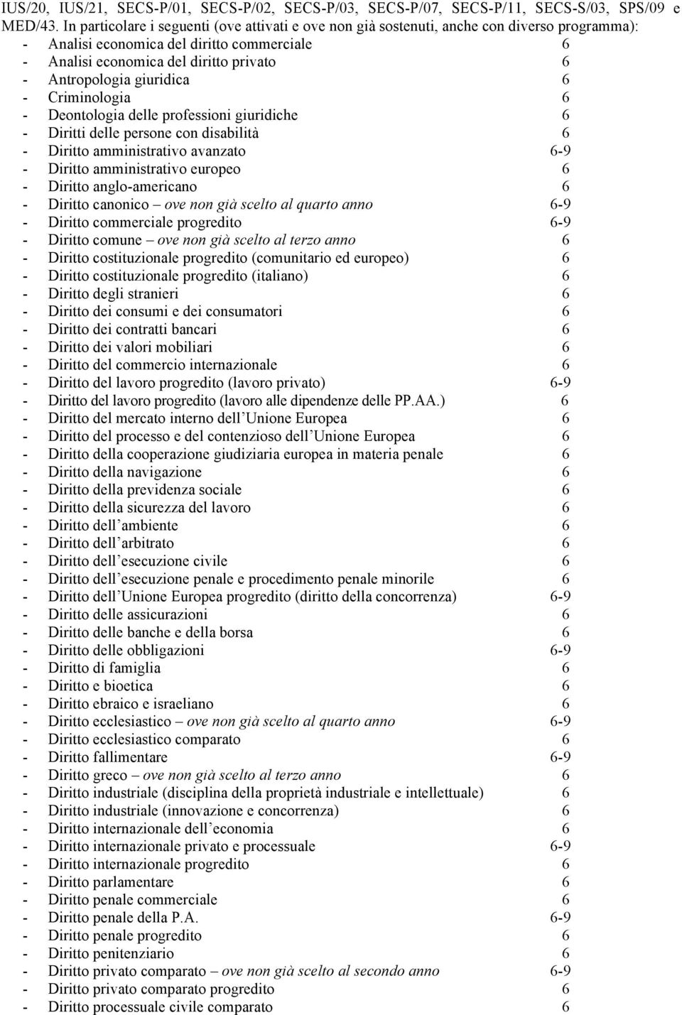 giuridica 6 - Criminologia 6 - Deontologia delle professioni giuridiche 6 - Diritti delle persone con disabilità 6 - Diritto amministrativo avanzato 6-9 - Diritto amministrativo europeo 6 - Diritto