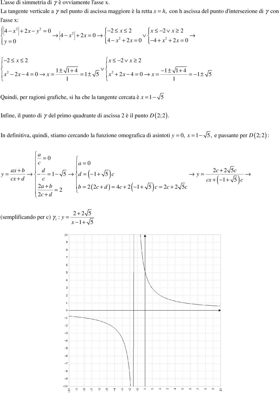 x + x = 0 x x x 1± 1+ 4 1± 1+ 4 x x 4 = 0 x = = 1± 5 x + x 4 = 0 x = = 1± 5 1 1 Quindi, per ragioni grafiche, si ha che la tangente cercata è x = 1 5 Infine, il punto di γ del primo