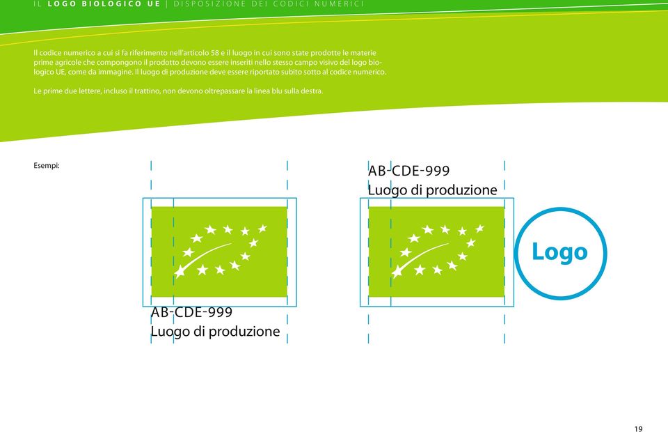 biologico UE, come da immagine. Il luogo di produzione deve essere riportato subito sotto al codice numerico.