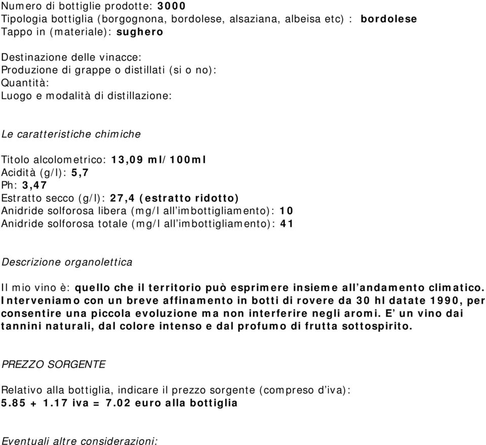 ridotto) Anidride solforosa libera (mg/l all imbottigliamento): 10 Anidride solforosa totale (mg/l all imbottigliamento): 41 Descrizione organolettica Il mio vino è: quello che il territorio può