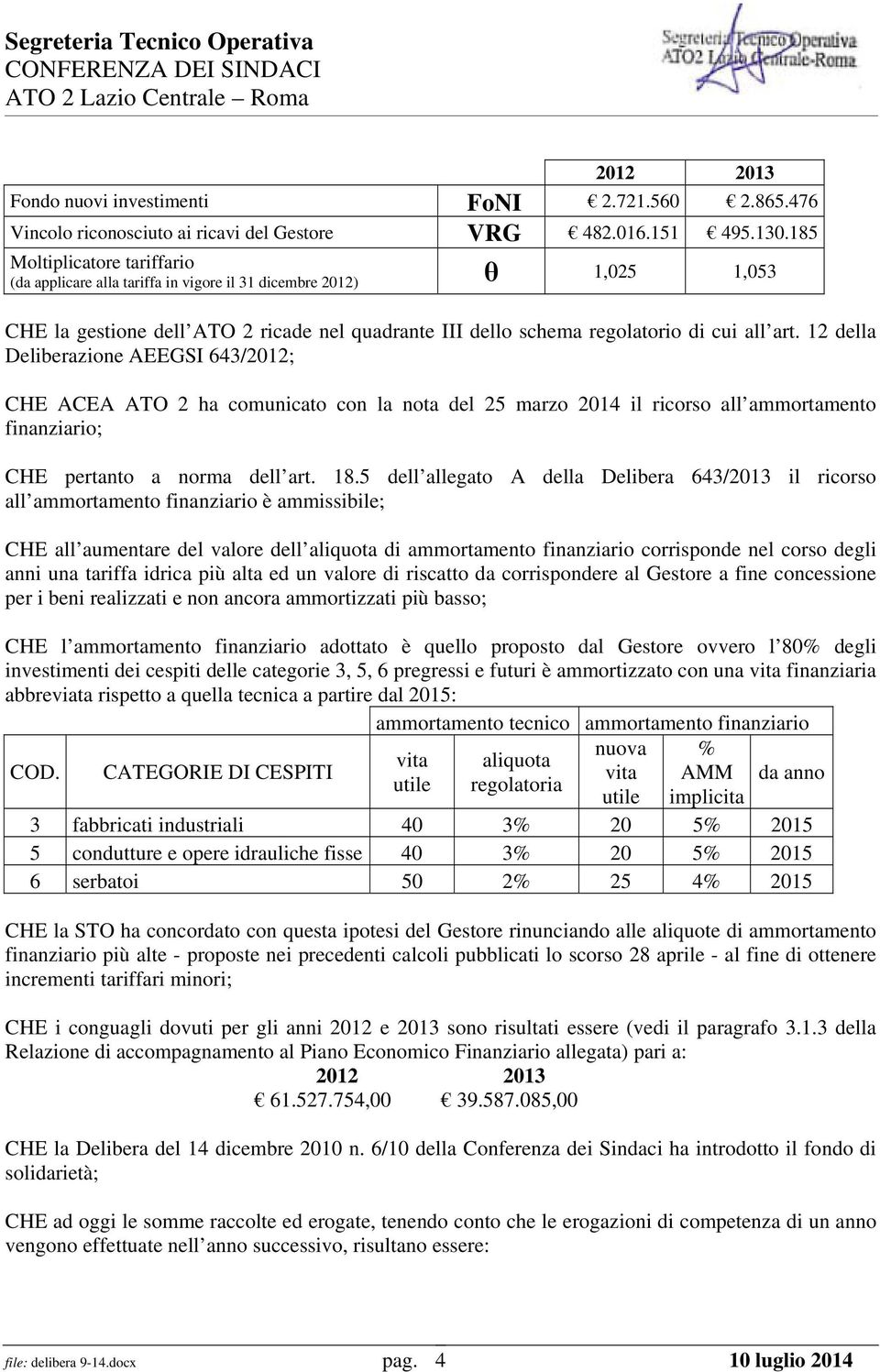 12 della Deliberazione AEEGSI 643/2012; CHE ACEA ATO 2 ha comunicato con la nota del 25 marzo 2014 il ricorso all ammortamento finanziario; CHE pertanto a norma dell art. 18.