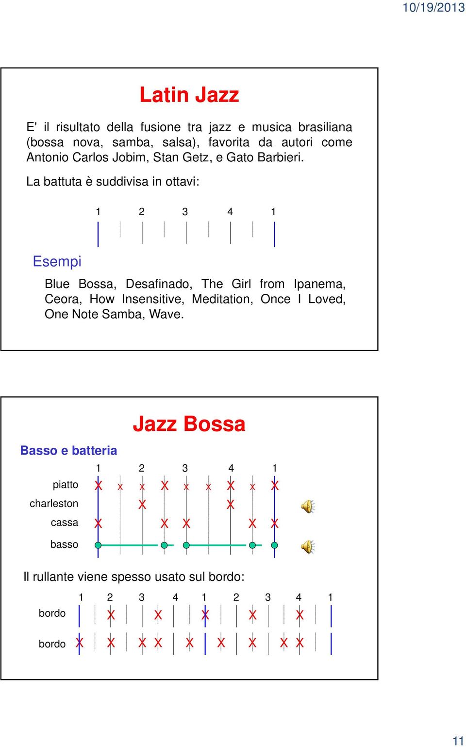 La battuta è suddivisa in ottavi: 1 2 3 4 1 Esempi Blue Bossa, Desafinado, The Girl from Ipanema, Ceora, How