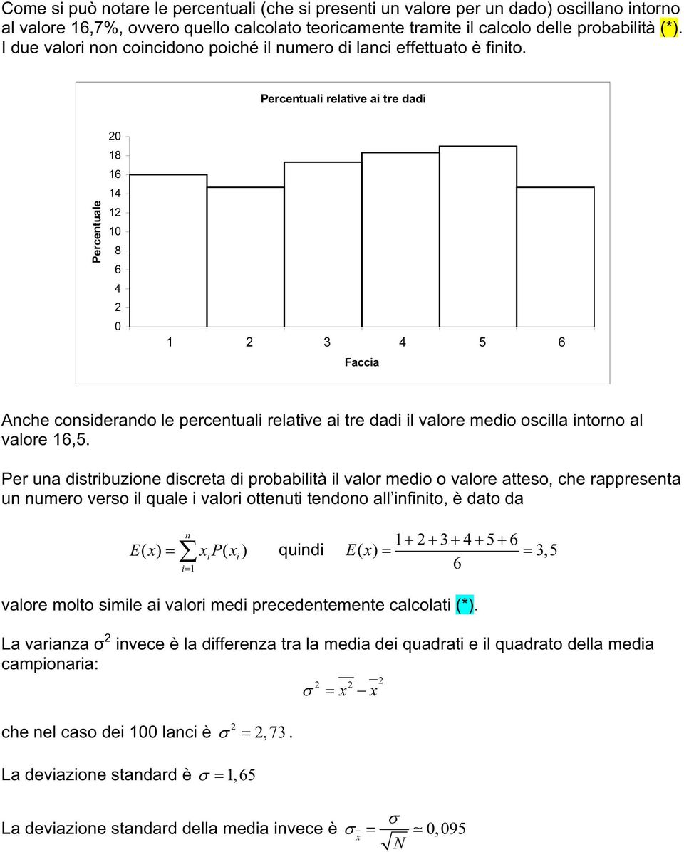 Percetuali relative ai tre dadi 18 16 14 1 1 8 6 4 1 3 4 5 6 Ache cosiderado le percetuali relative ai tre dadi il valore medio oscilla itoro al valore 16,5.