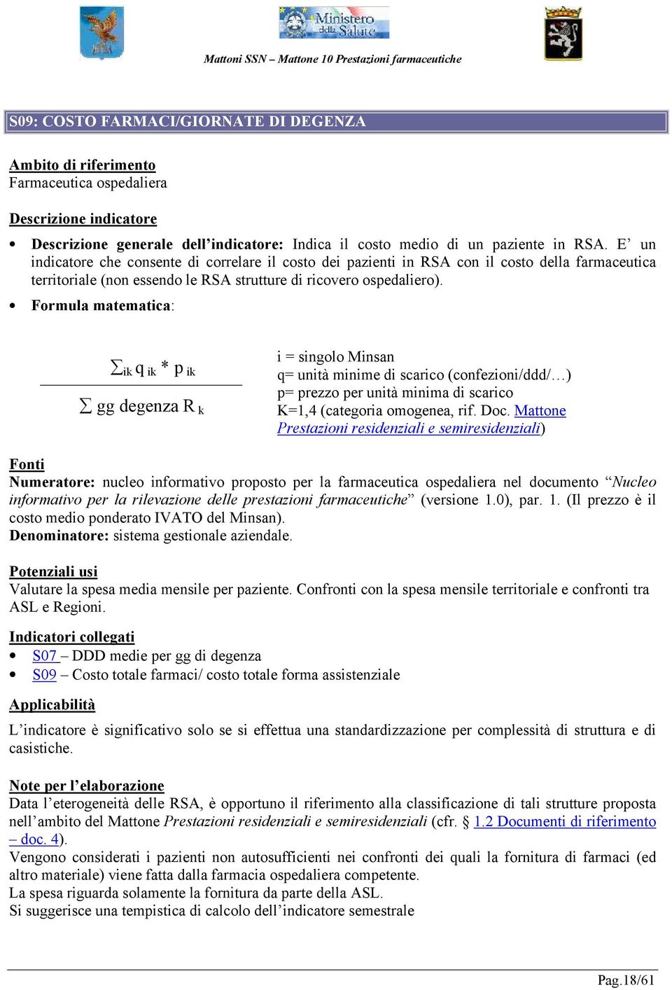 ik q ik * p ik gg degenza R k i = singolo Minsan q= unità minime di scarico (confezioni/ddd/ ) p= prezzo per unità minima di scarico K=1,4 (categoria omogenea, rif. Doc.