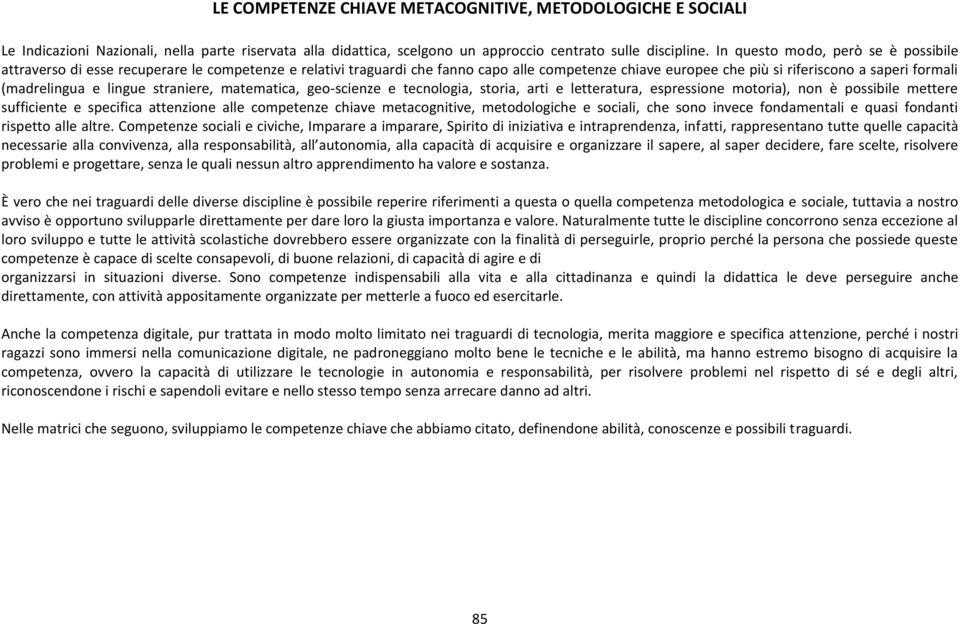 e lingue straniere, matematica, geo-scienze e tecnologia, storia, arti e letteratura, espressione motoria), non è possibile mettere sufficiente e specifica attenzione alle competenze chiave