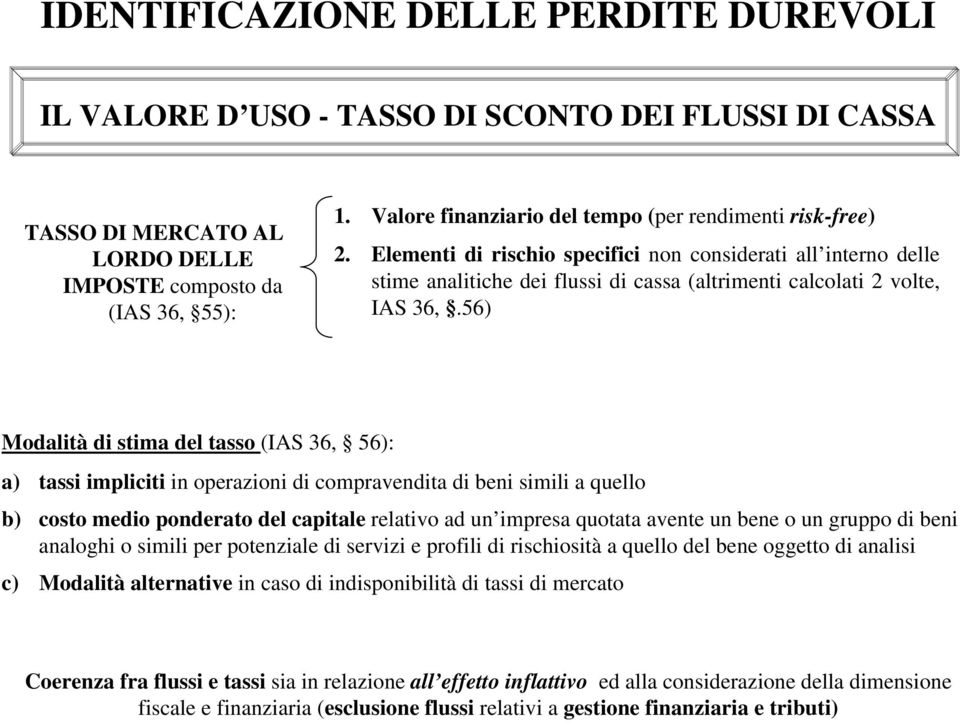 56) Modalità di stima del tasso (IAS 36, 56): a) tassi impliciti in operazioni di compravendita di beni simili a quello b) costo medio ponderato del capitale relativo ad un impresa quotata avente un