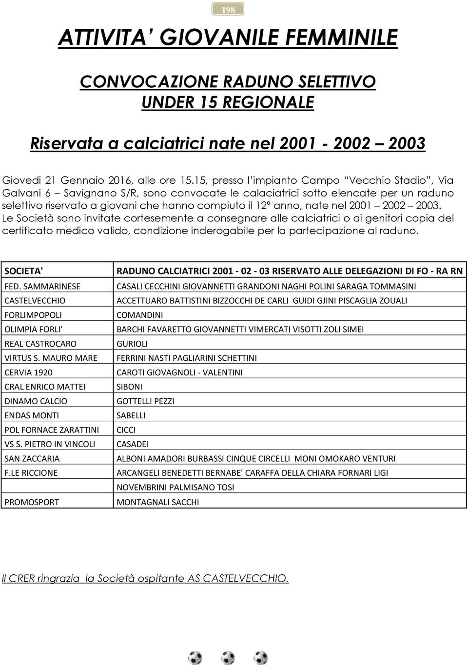 nel 2001 2002 2003. Le Società sono invitate cortesemente a consegnare alle calciatrici o ai genitori copia del certificato medico valido, condizione inderogabile per la partecipazione al raduno.