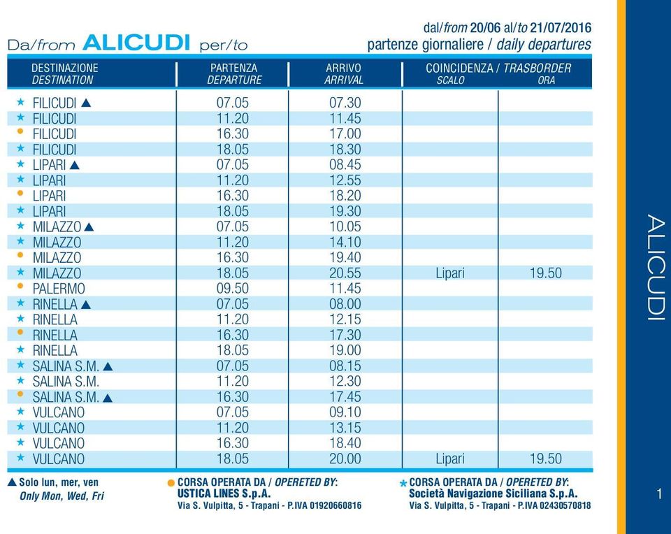 Vulpitta, 5 - Trapani - P.IVA 01920660816 07.30 11.45 17.00 18.30 08.45 12.55 18.20 19.30 10.05 14.10 19.40 20.55 Lipari 19.50 11.45 08.