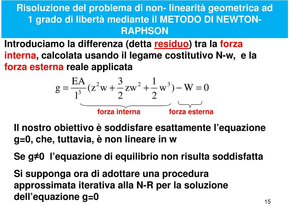 3 l forza interna forza esterna Il nostro obiettivo è soddisfare esattamente l equazione g0, che, tuttavia, è non lineare in w Se g 0 l equazione