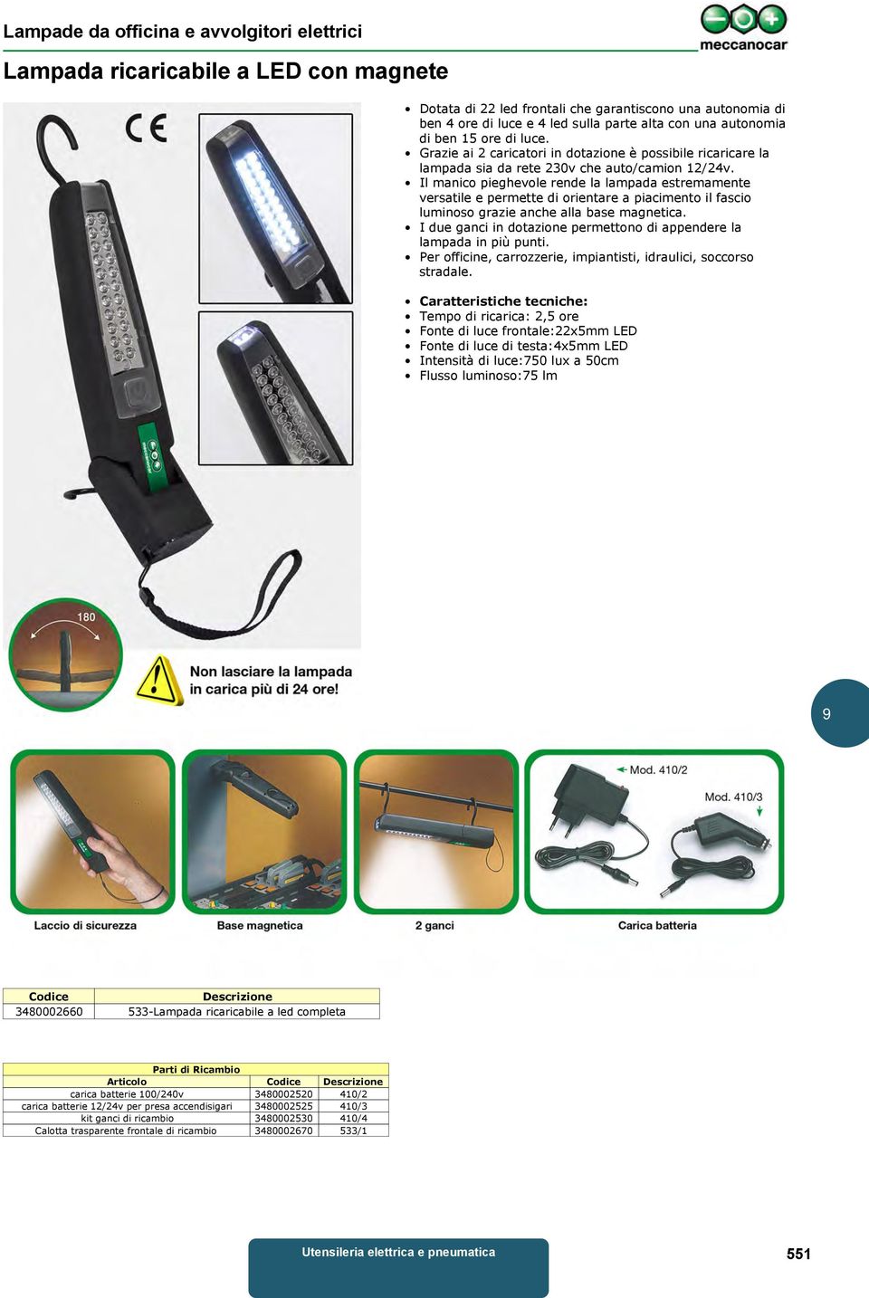 Il manico pieghevole rende la lampada estremamente versatile e permette di orientare a piacimento il fascio luminoso grazie anche alla base magnetica.