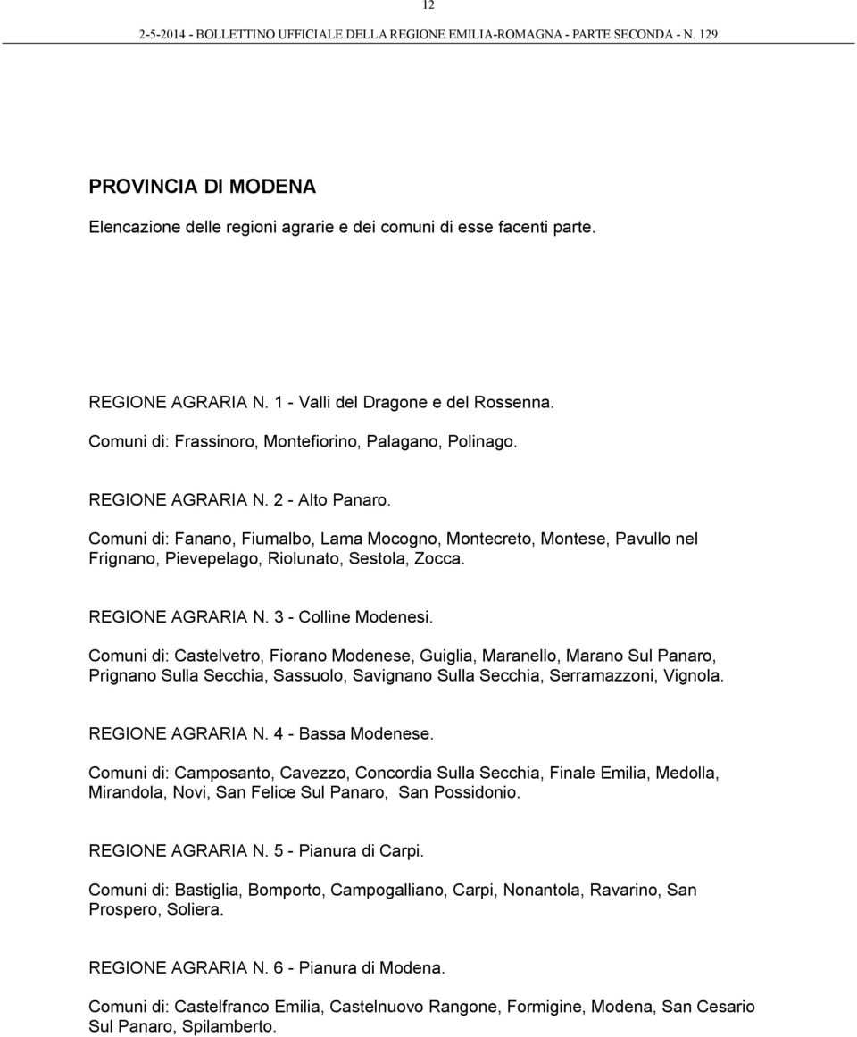 Comuni di: Fanano, Fiumalbo, Lama Mocogno, Montecreto, Montese, Pavullo nel Frignano, Pievepelago, Riolunato, Sestola, Zocca. REGIONE AGRARIA N. 3 - Colline Modenesi.