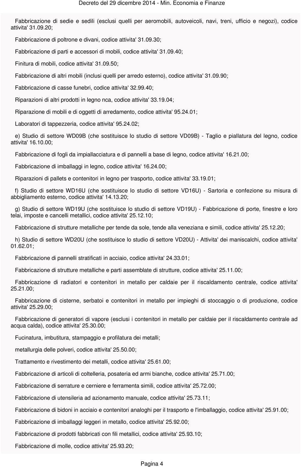 09.90; Fabbricazione di casse funebri, codice attivita' 32.99.40; Riparazioni di altri prodotti in legno nca, codice attivita' 33.19.