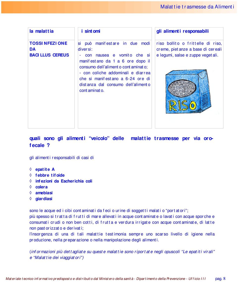 riso bollito o frittelle di riso, creme, pietanze a base di cereali e legumi, salse e zuppe vegetali. quali sono gli alimenti veicolo delle malattie trasmesse per via orofecale?