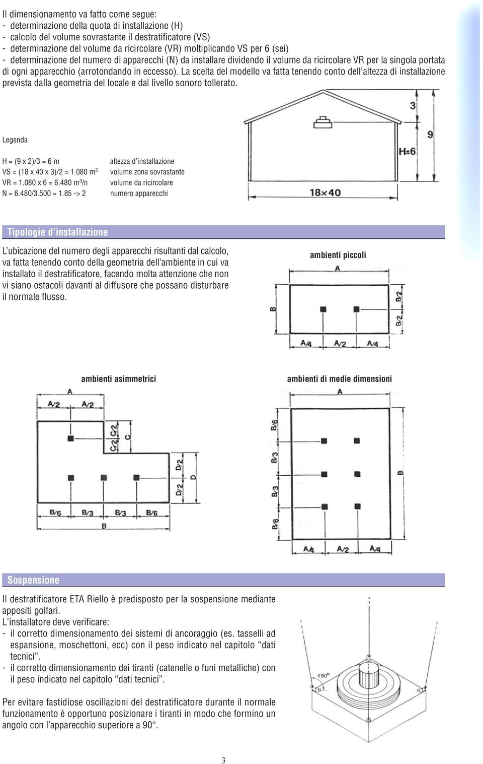 La scelta del modello va fatta tenendo conto dell altezza di installazione prevista dalla geometria del locale e dal livello sonoro tollerato. Legenda H = (9 x 2)/3 = 6 m VS = (18 x 40 x 3)/2 = 1.