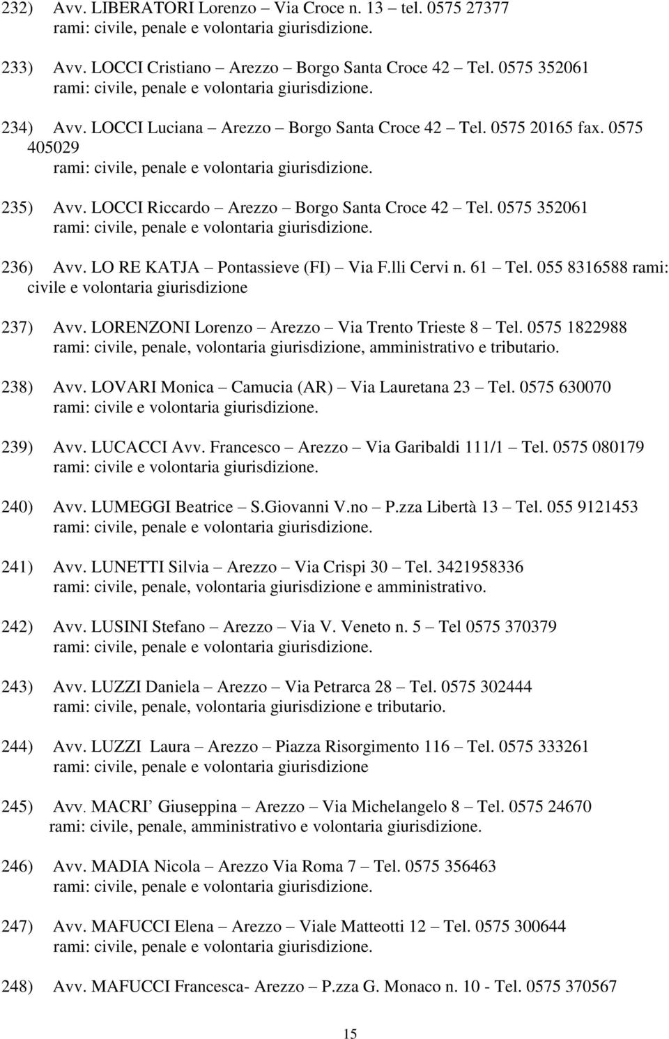 055 8316588 rami: civile e volontaria giurisdizione 237) Avv. LORENZONI Lorenzo Arezzo Via Trento Trieste 8 Tel.