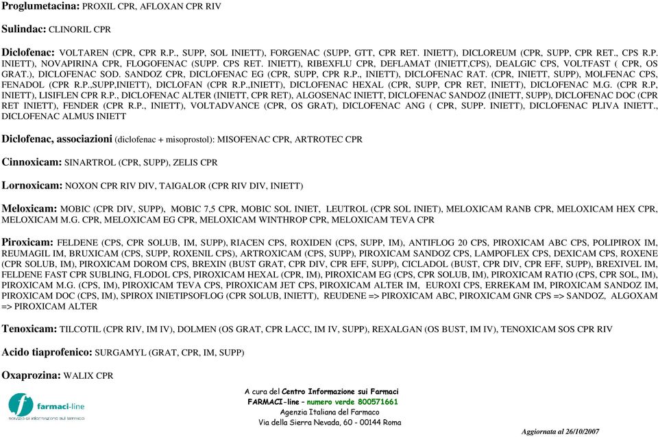 SANDOZ CPR, DICLOFENAC EG (CPR, SUPP, CPR R.P., INIETT), DICLOFENAC RAT. (CPR, INIETT, SUPP), MOLFENAC CPS, FENADOL (CPR R.P.,SUPP,INIETT), DICLOFAN (CPR R.P.,INIETT), DICLOFENAC HEXAL (CPR, SUPP, CPR RET, INIETT), DICLOFENAC M.