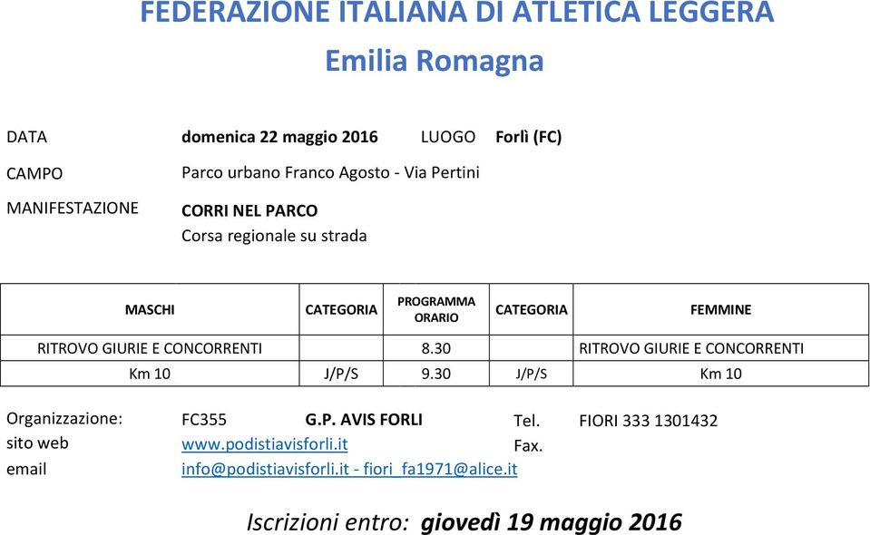 30 J/P/S Km 10 Organizzazione: FC355 G.P. AVIS FORLI Tel. FIORI 333 1301432 sito web www.