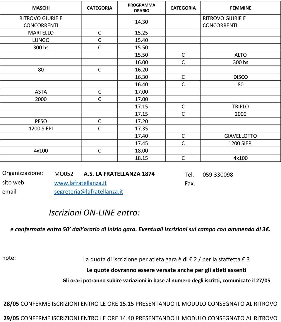 it Iscrizioni ON-LINE entro: e confermate entro 50 dall orario di inizio gara. Eventuali iscrizioni sul campo con ammenda di 3.