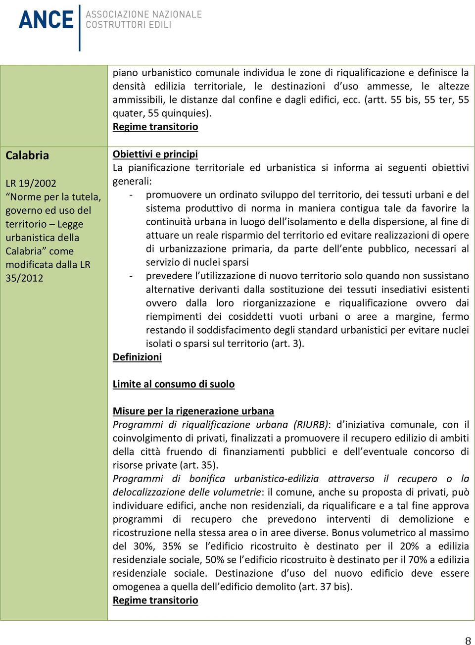 Calabria LR 19/2002 Norme per la tutela, governo ed uso del territorio Legge urbanistica della Calabria come modificata dalla LR 35/2012 La pianificazione territoriale ed urbanistica si informa ai