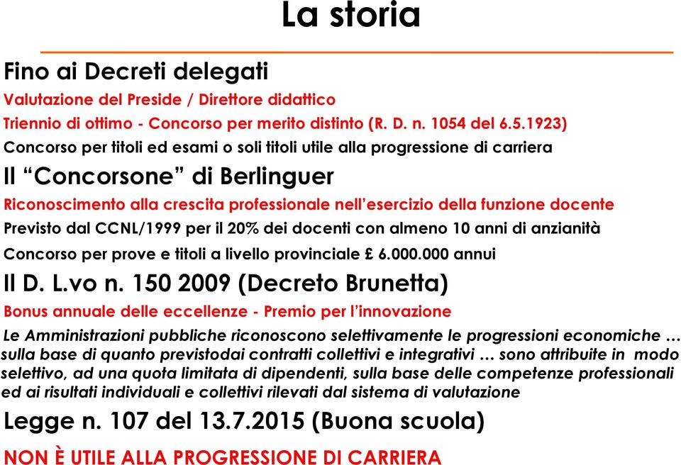 1923) Concorso per titoli ed esami o soli titoli utile alla progressione di carriera Il Concorsone di Berlinguer Riconoscimento alla crescita professionale nell esercizio della funzione docente