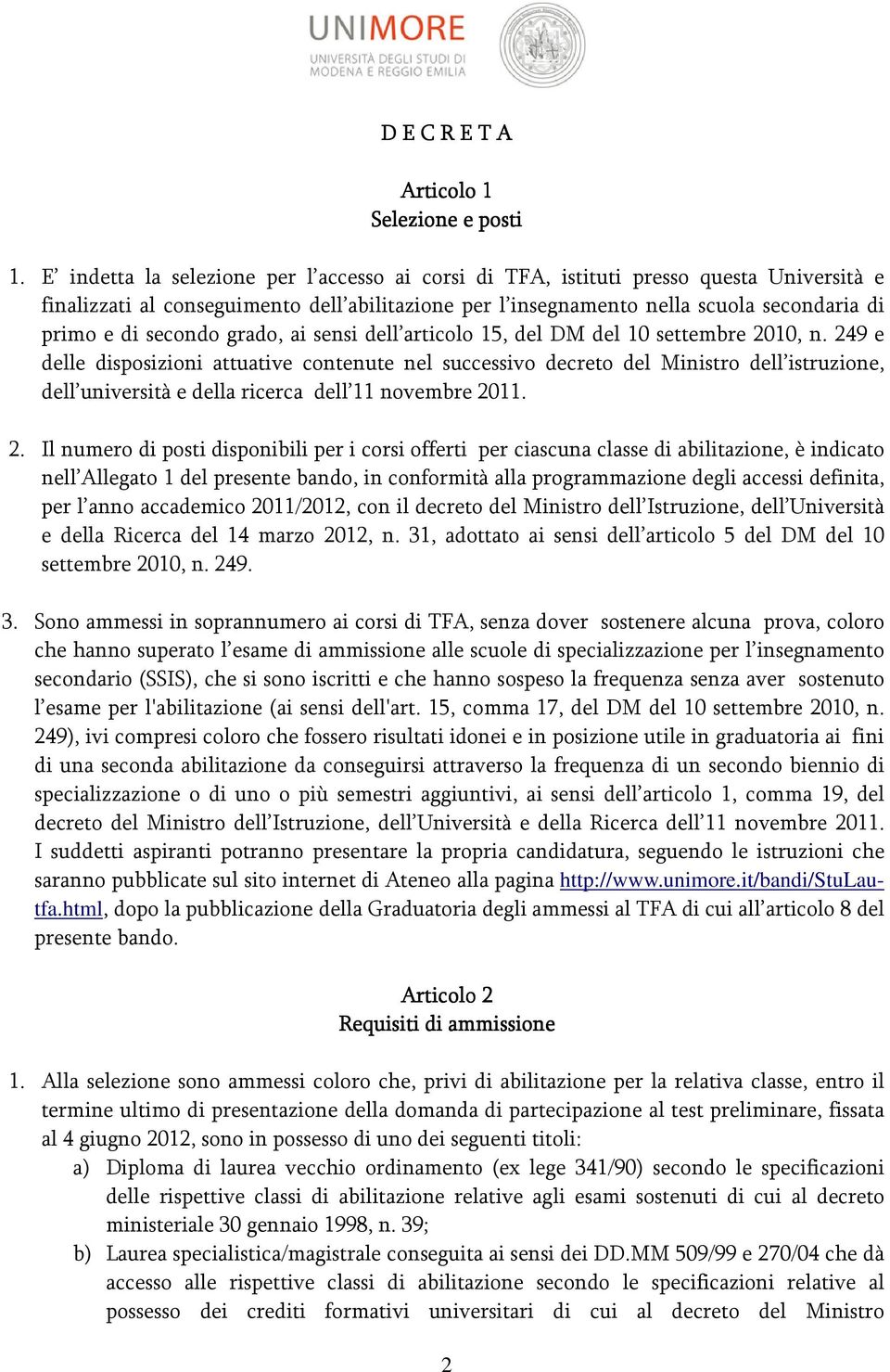 secondo grado, ai sensi dell articolo 15, del DM del 10 settembre 2010, n.