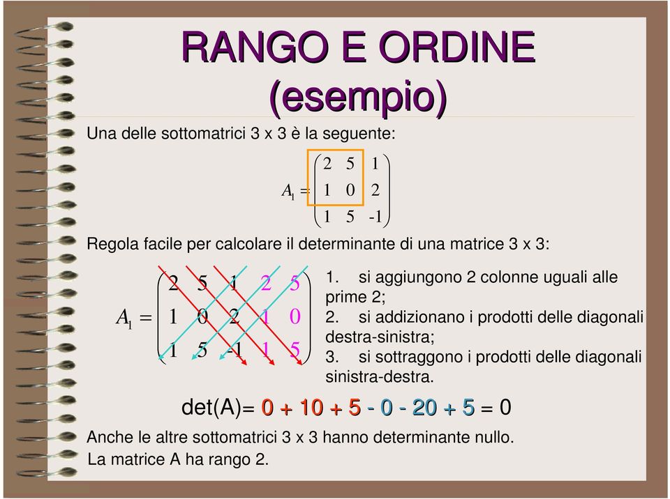 si aggiungono 2 colonne uguali alle prime 2; 2. si addizionano i prodotti delle diagonali destra-sinistra; 3.