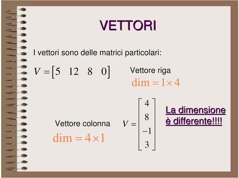 riga dim = 1 4 Vettore colonna dim = 4