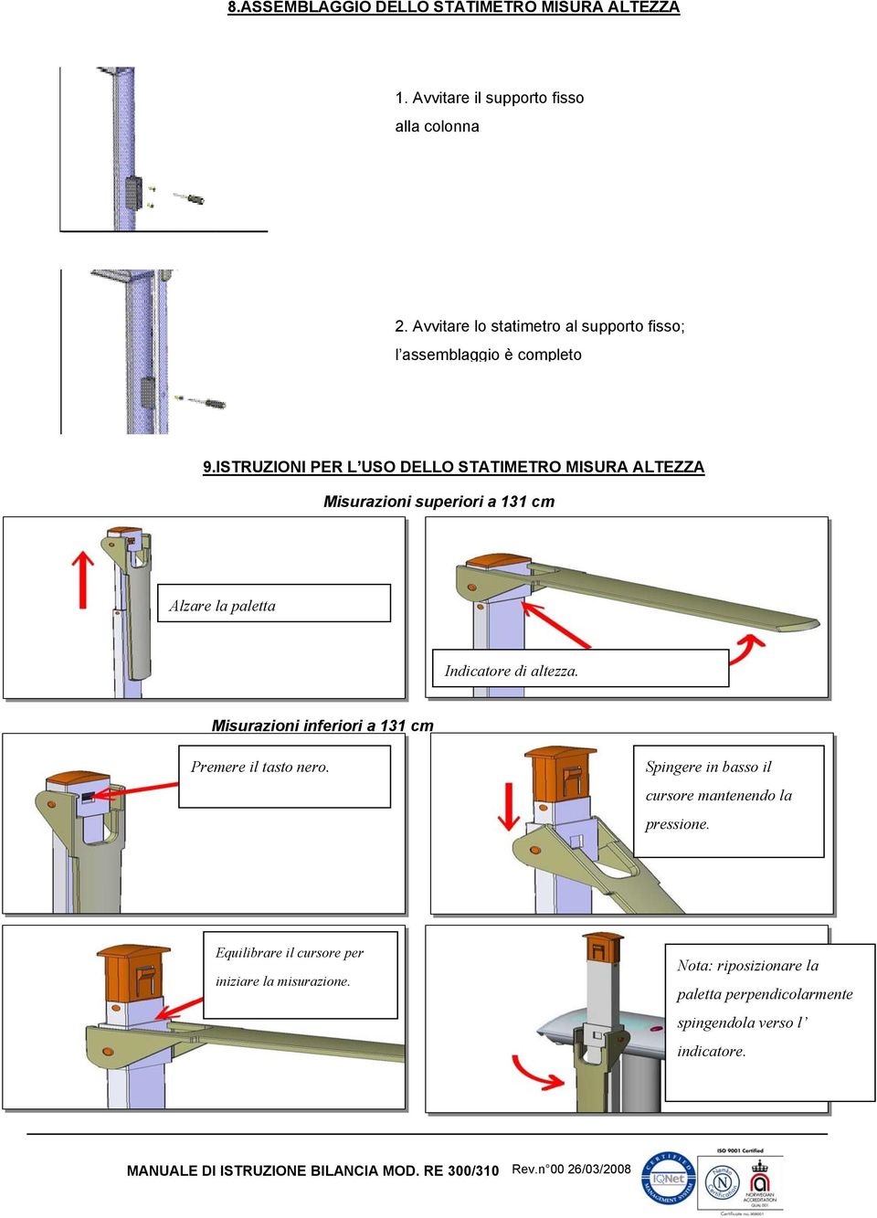 ISTRUZIONI PER L USO DELLO STATIMETRO MISURA ALTEZZA Misurazioni superiori a 131 cm Alzare la paletta Indicatore di altezza.