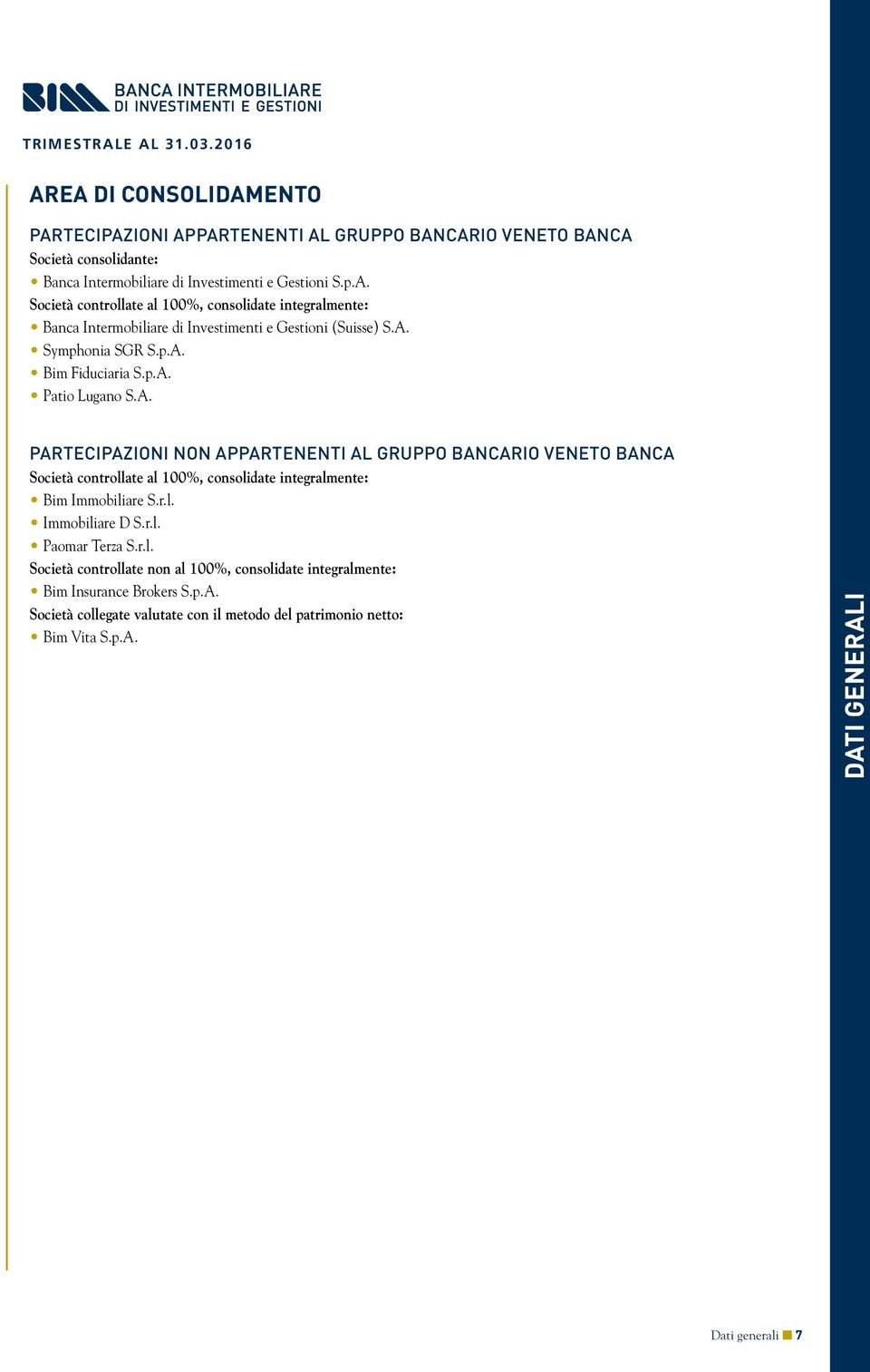 r.l. Immobiliare D S.r.l. Paomar Terza S.r.l. Società controllate non al 100%, consolidate integralmente: Bim Insurance Brokers S.p.A.