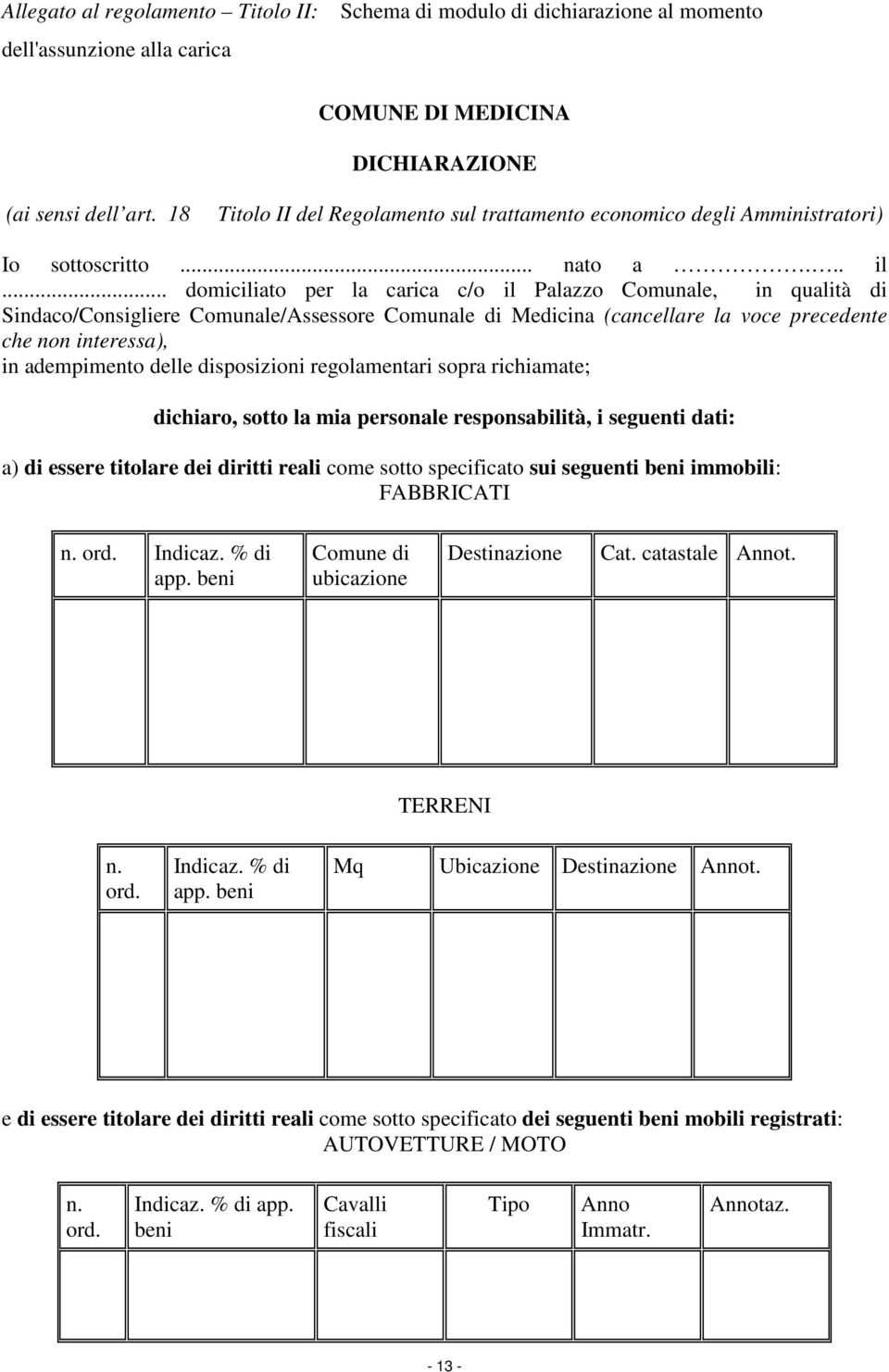 .. domiciliato per la carica c/o il Palazzo Comunale, in qualità di Sindaco/Consigliere Comunale/Assessore Comunale di Medicina (cancellare la voce precedente che non interessa), in adempimento delle