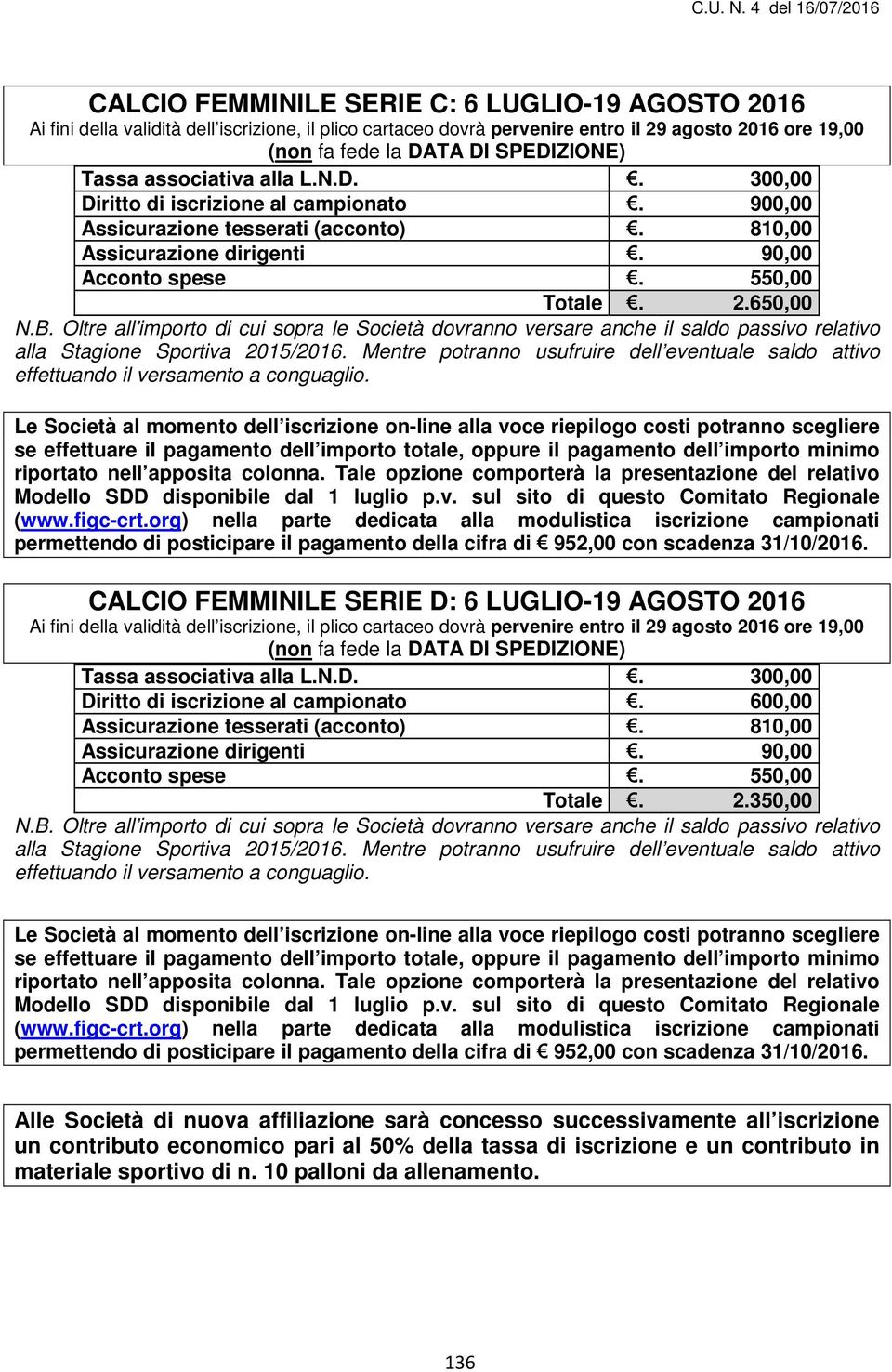 Oltre all importo di cui sopra le Società dovranno versare anche il saldo passivo relativo alla Stagione Sportiva 2015/2016.