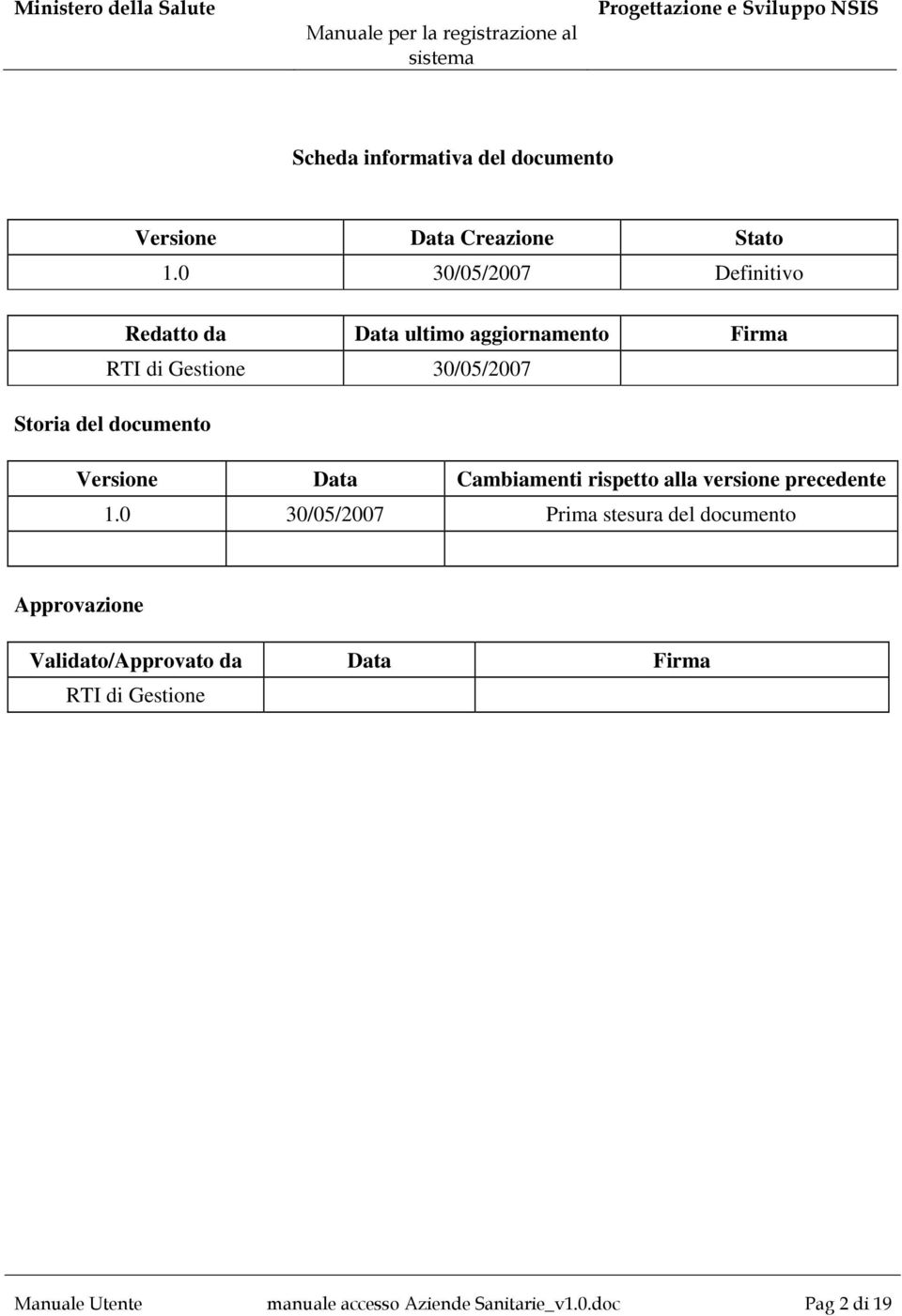 del documento Versione Data Cambiamenti rispetto alla versione precedente 1.