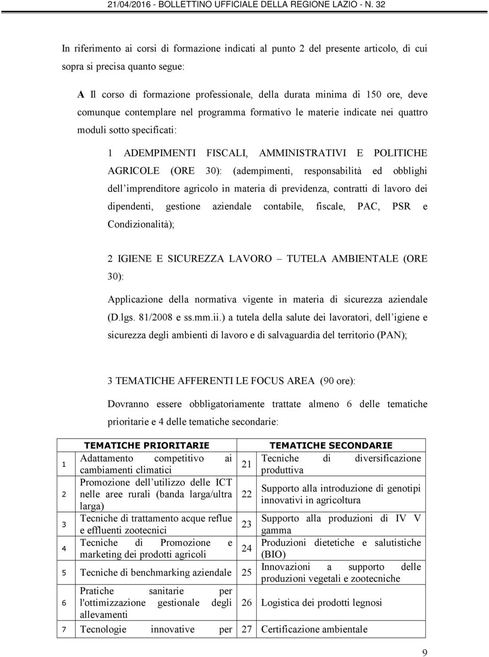 responsabilità ed obblighi dell imprenditore agricolo in materia di previdenza, contratti di lavoro dei dipendenti, gestione aziendale contabile, fiscale, PAC, PSR e Condizionalità); 2 IGIENE E